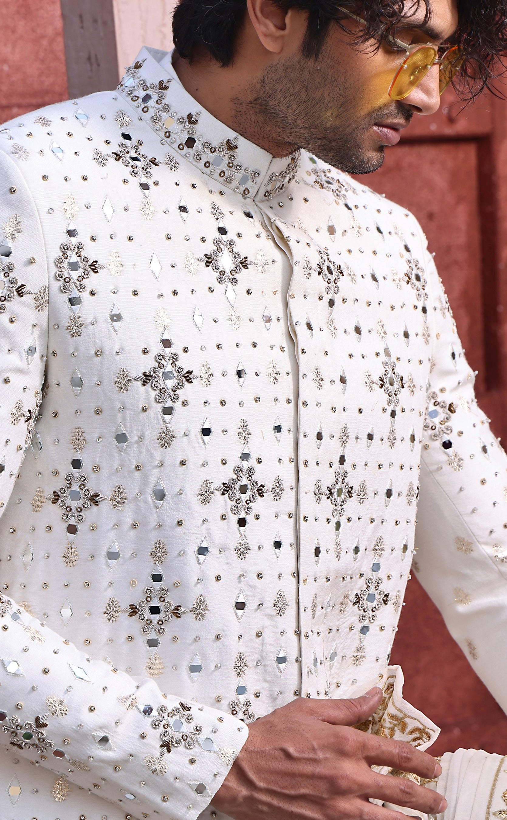 White Mirror Work Silk-Blend Groom Sherwani (3-Piece) - Image 5