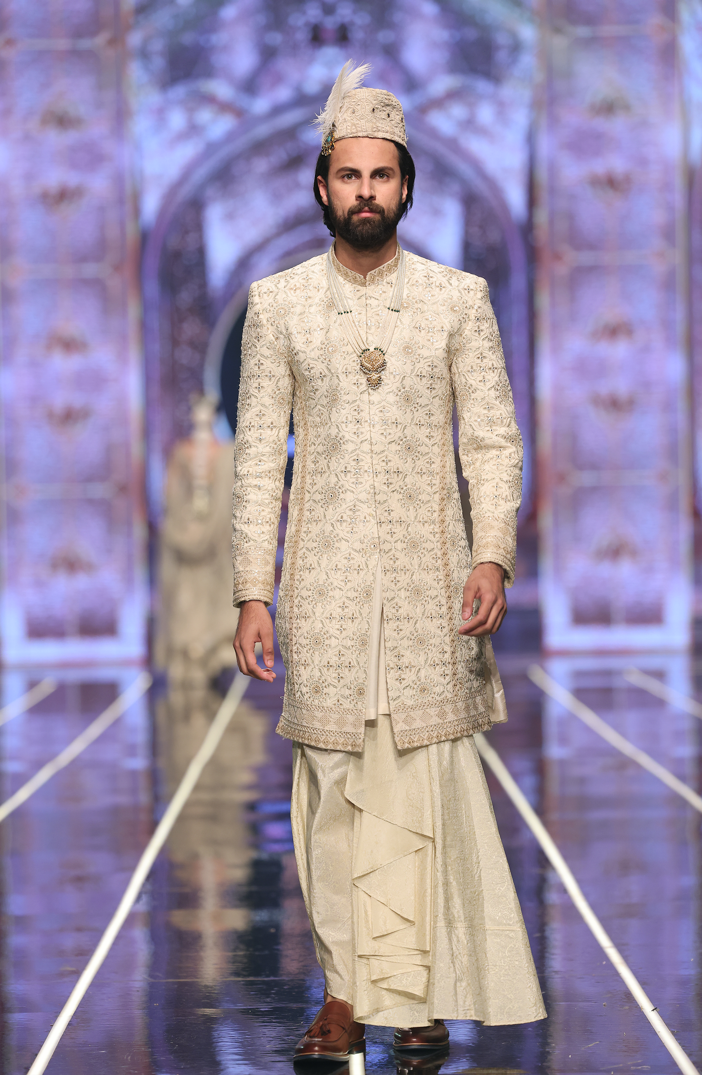 White Embroidered Silk Sherwani with Sequins (3-Piece) - Image 1