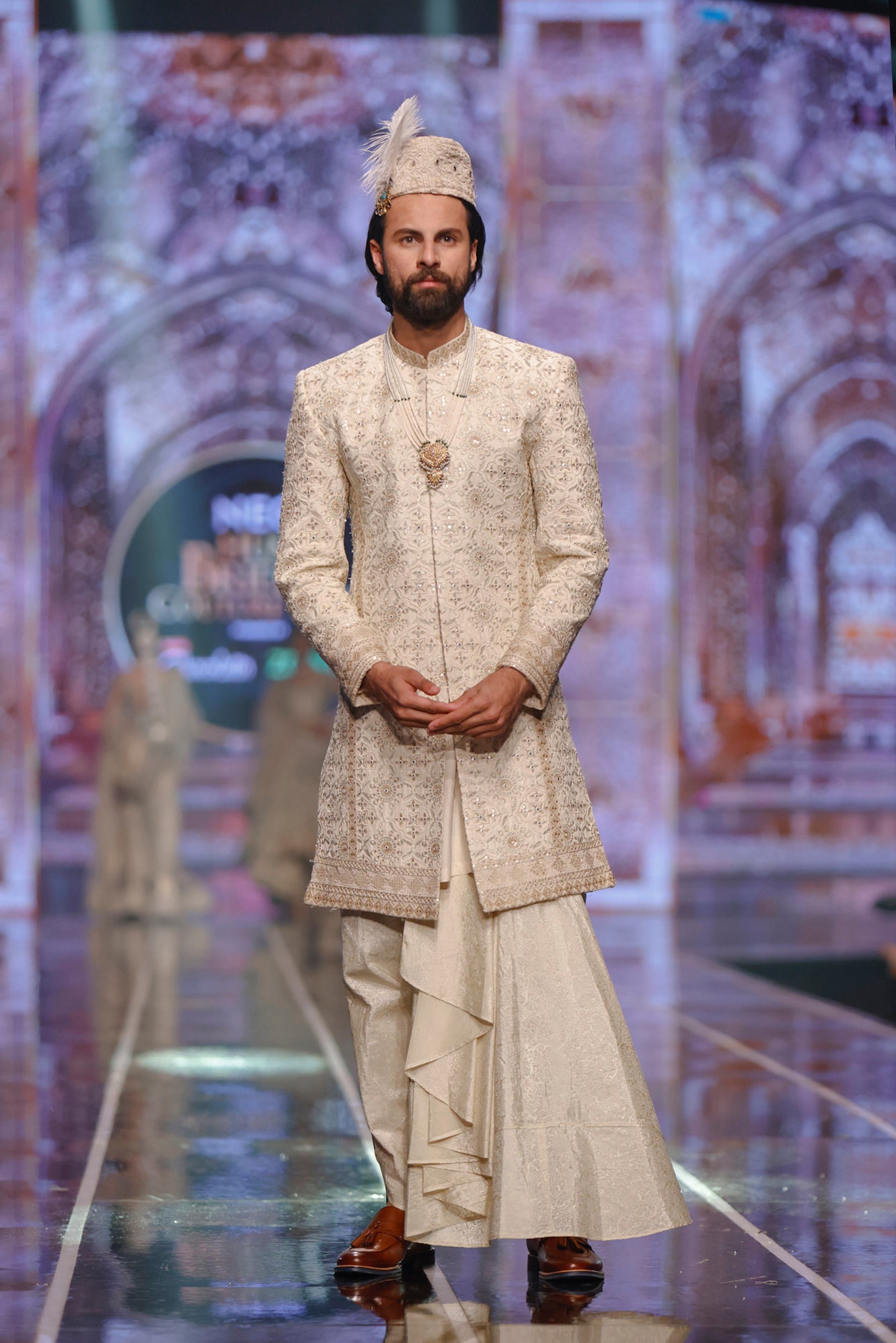 White Embroidered Silk Sherwani with Sequins (3-Piece) - Image 2