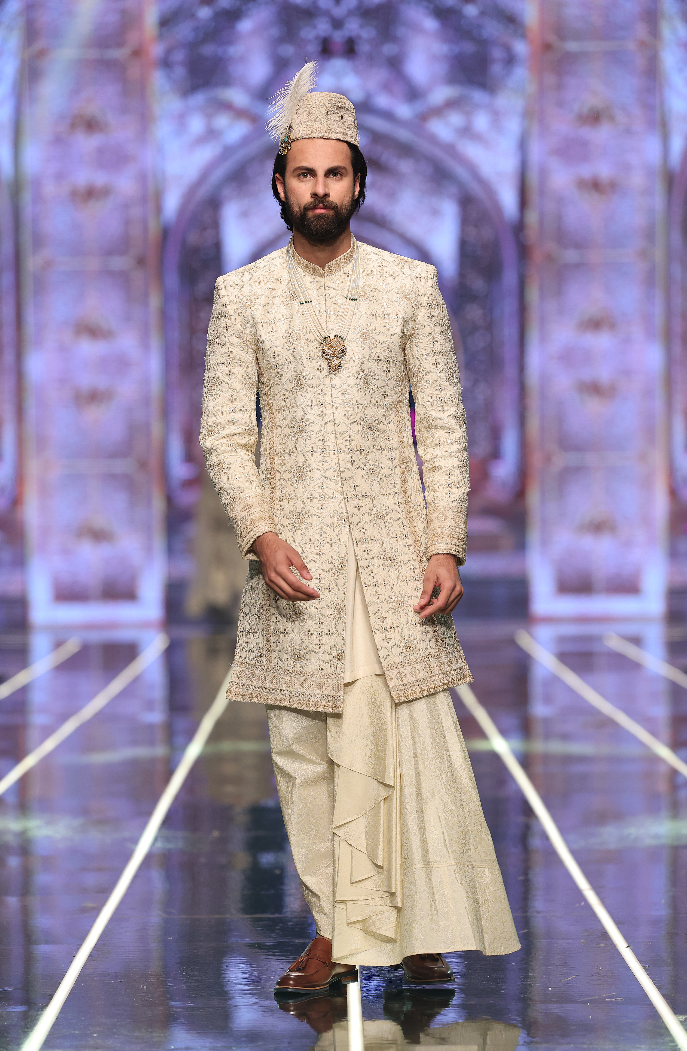 White Embroidered Silk Sherwani with Sequins (3-Piece) - Image 3