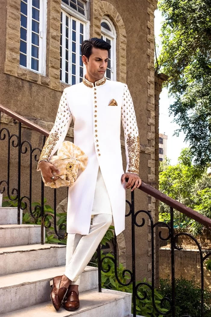 White Gold Hand-Embroidered Vitale 150s Sherwani (3-Piece) - Image 2