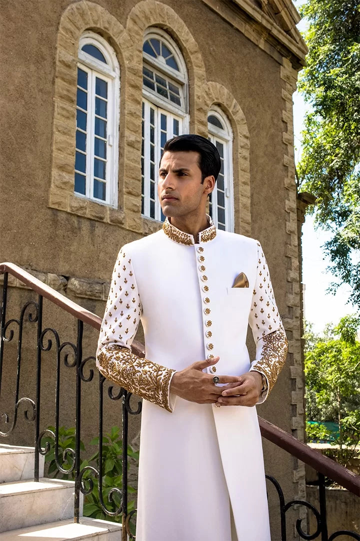 White Gold Hand-Embroidered Vitale 150s Sherwani (3-Piece) - Image 3