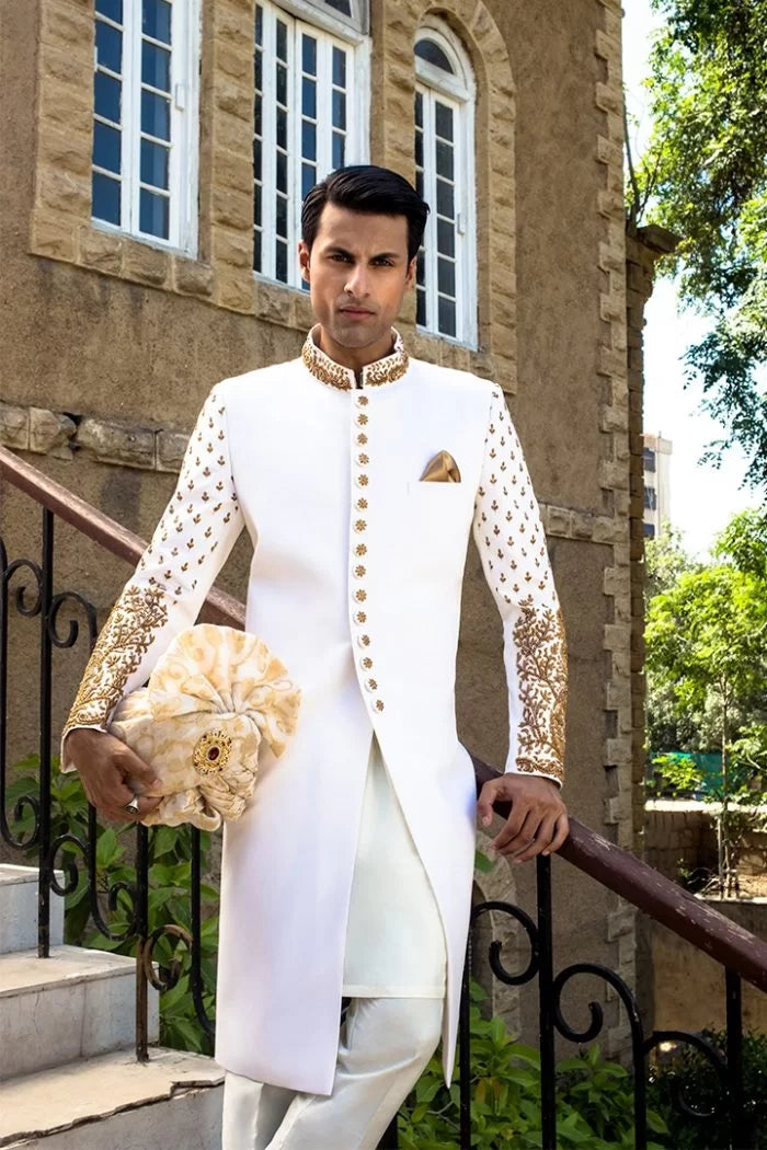 White Gold Hand-Embroidered Vitale 150s Sherwani (3-Piece) - Image 4