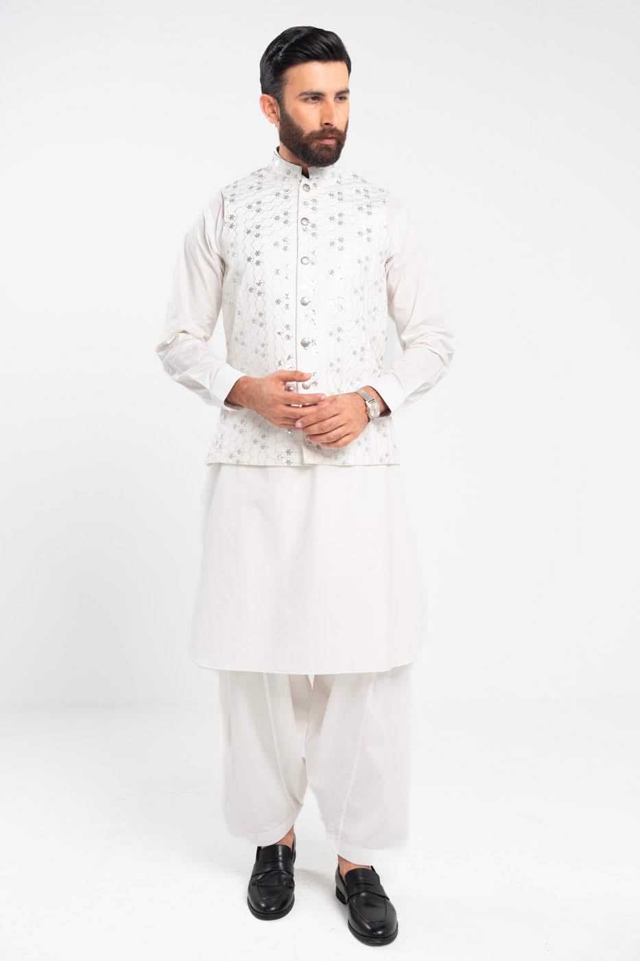 White Embroidered Blended Fabric Waistcoat (3-Piece) - Image 1