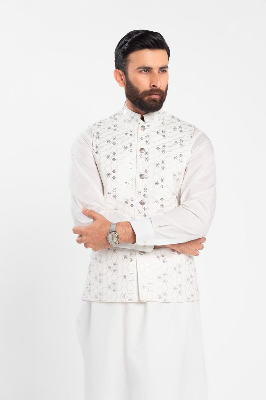 White Embroidered Blended Fabric Waistcoat (3-Piece) - Image 2