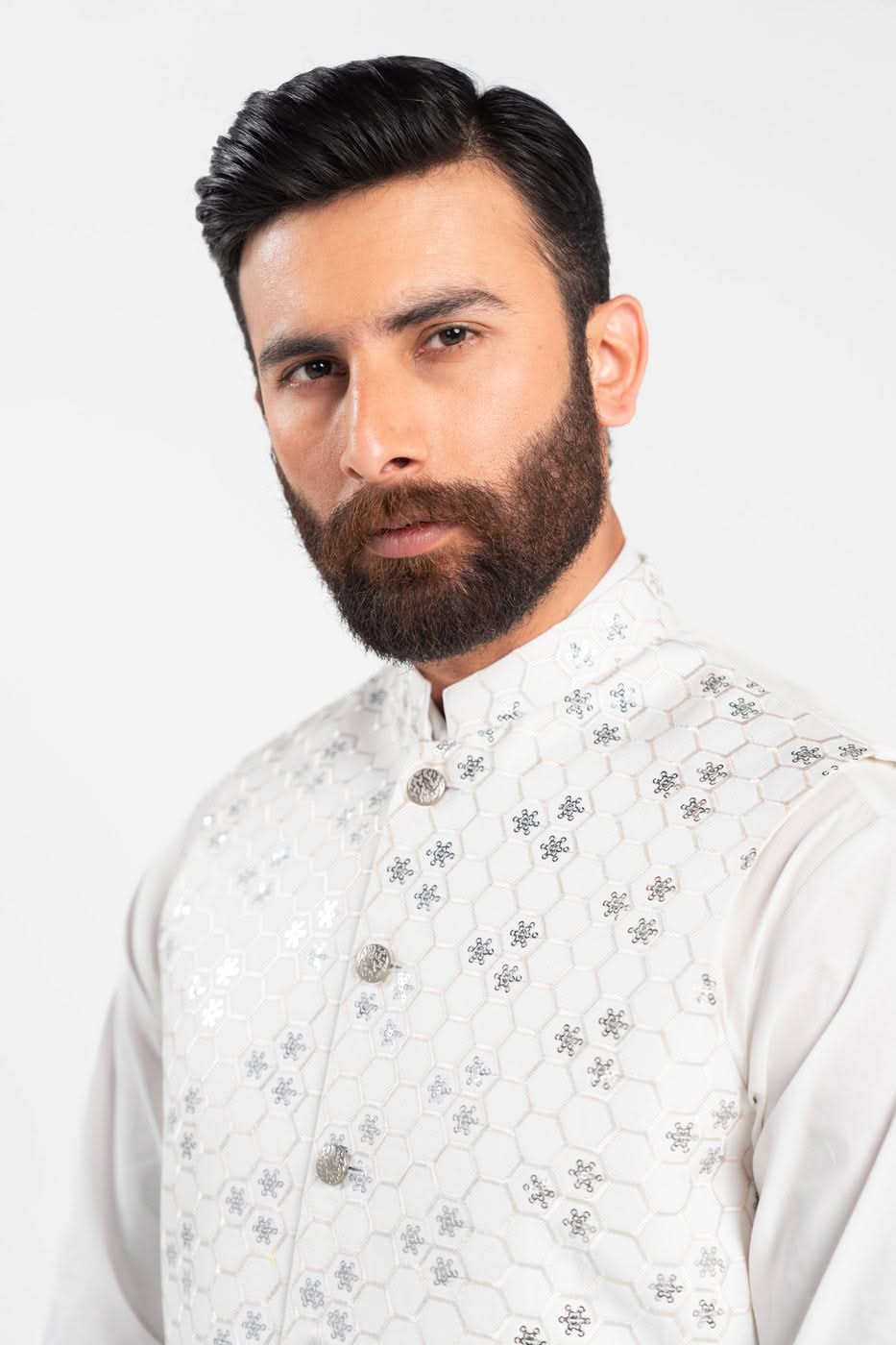 White Embroidered Blended Fabric Waistcoat (3-Piece) - Image 3