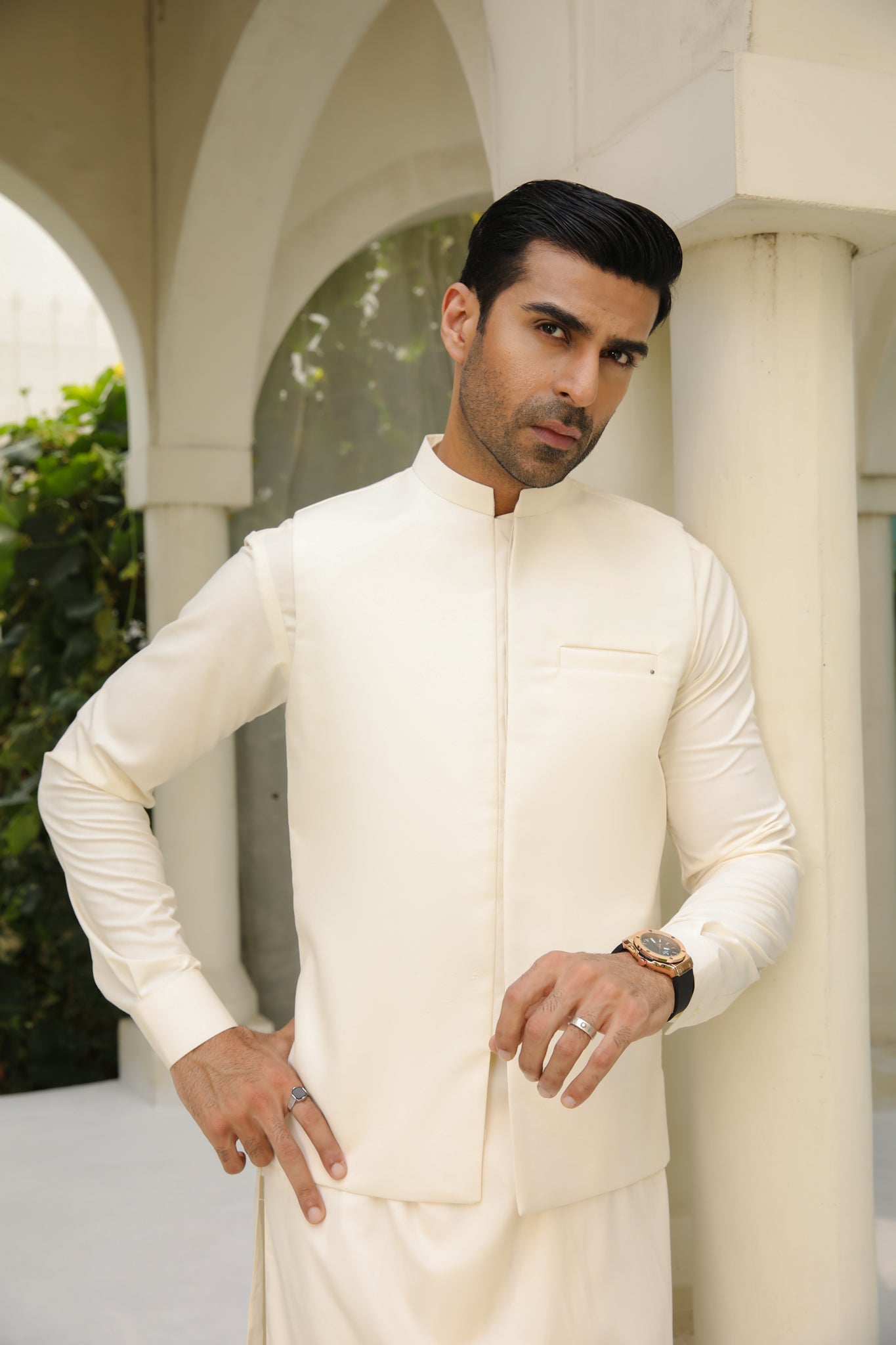 Bosky White Blended Waistcoat Kurta Set (3-Piece) - Image 1
