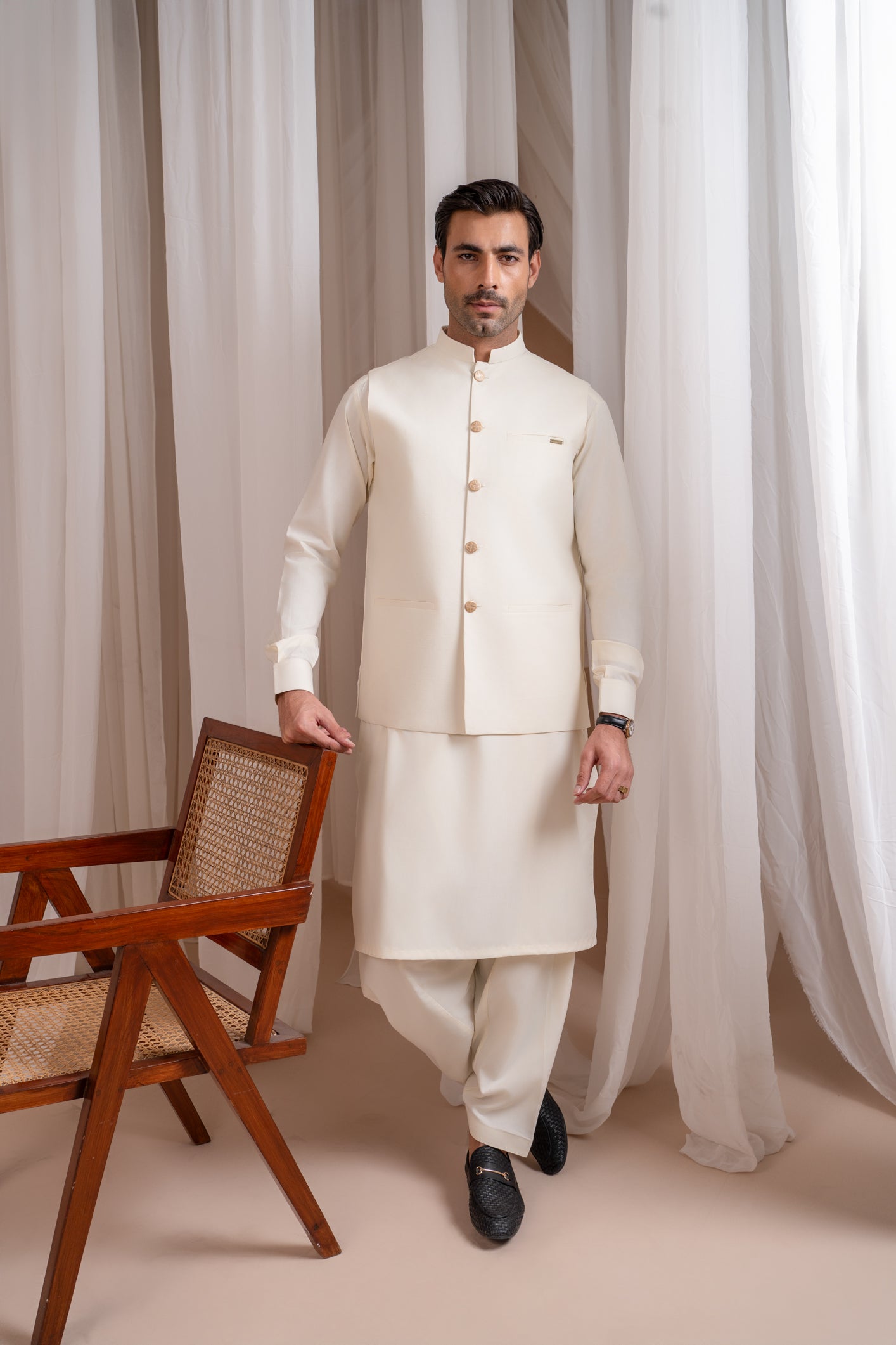 Bosky White Luxury Blended Waistcoat Kurta (3-Piece) - Image 6