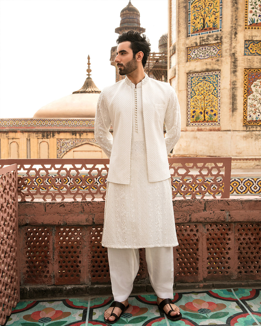 White Embroidered Chiffon Waistcoat Kurta (3-Piece) - Image 1