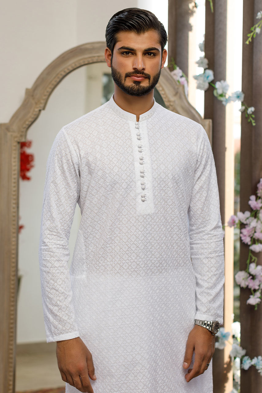 White Chikan Embroidered Cotton Waistcoat Kurta (3-Piece) - Image 6