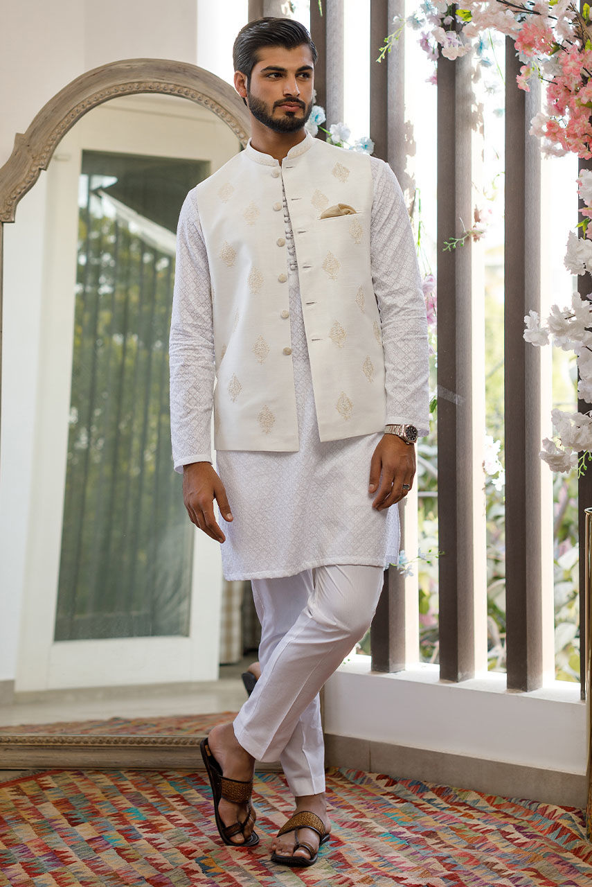 White Chikan Embroidered Cotton Waistcoat Kurta (3-Piece) - Image 7