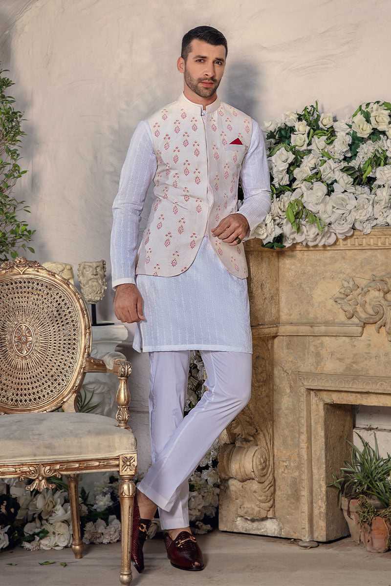 Pearl White Chikankari Silk Waistcoat Kurta (3-Piece) - Image 1