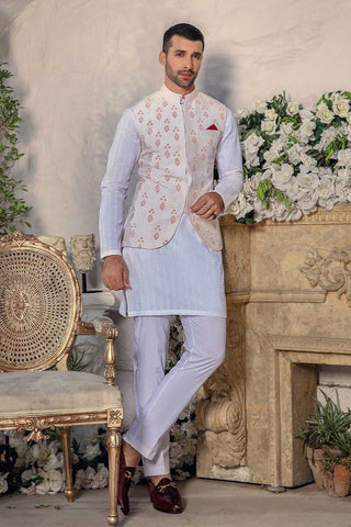 Pearl White Chikankari Silk Waistcoat Kurta (3-Piece) - Image 2