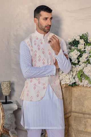 Pearl White Chikankari Silk Waistcoat Kurta (3-Piece) - Image 3