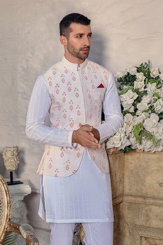 Pearl White Chikankari Silk Waistcoat Kurta (3-Piece) - Image 4