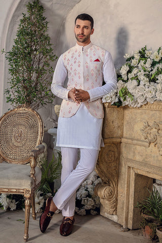 Pearl White Chikankari Silk Waistcoat Kurta (3-Piece) - Image 5