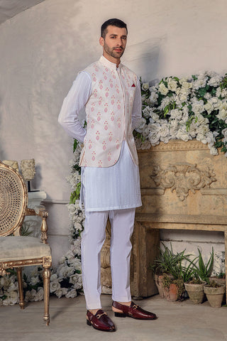 Pearl White Chikankari Silk Waistcoat Kurta (3-Piece) - Image 6