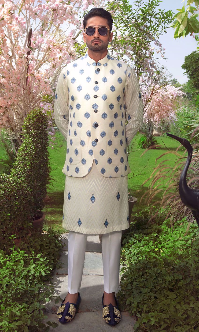 White and Blue Embroidered Cotton Waistcoat Kurta (3-Piece) - Image 1
