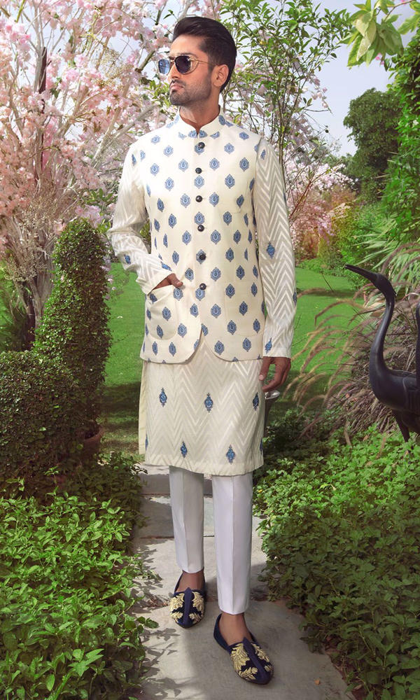 White and Blue Embroidered Cotton Waistcoat Kurta (3-Piece) - Image 3