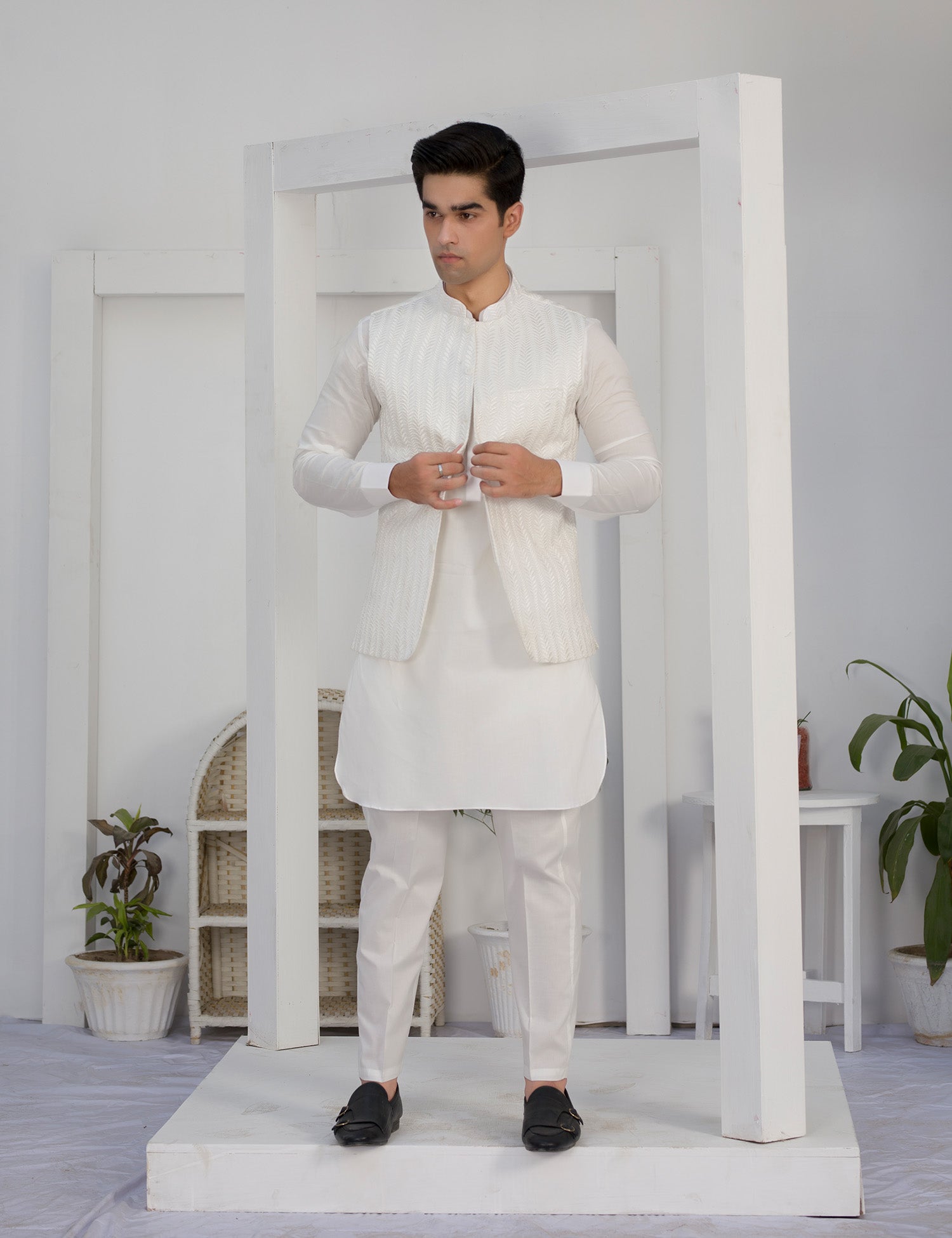 White Embroidered Cotton Waistcoat Kurta Set (3-Piece) - Image 1