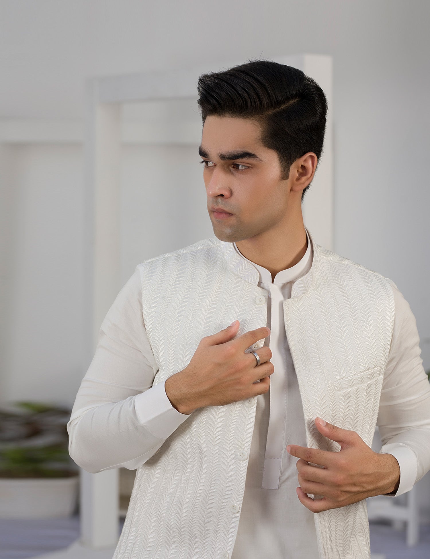 White Embroidered Cotton Waistcoat Kurta Set (3-Piece) - Image 6