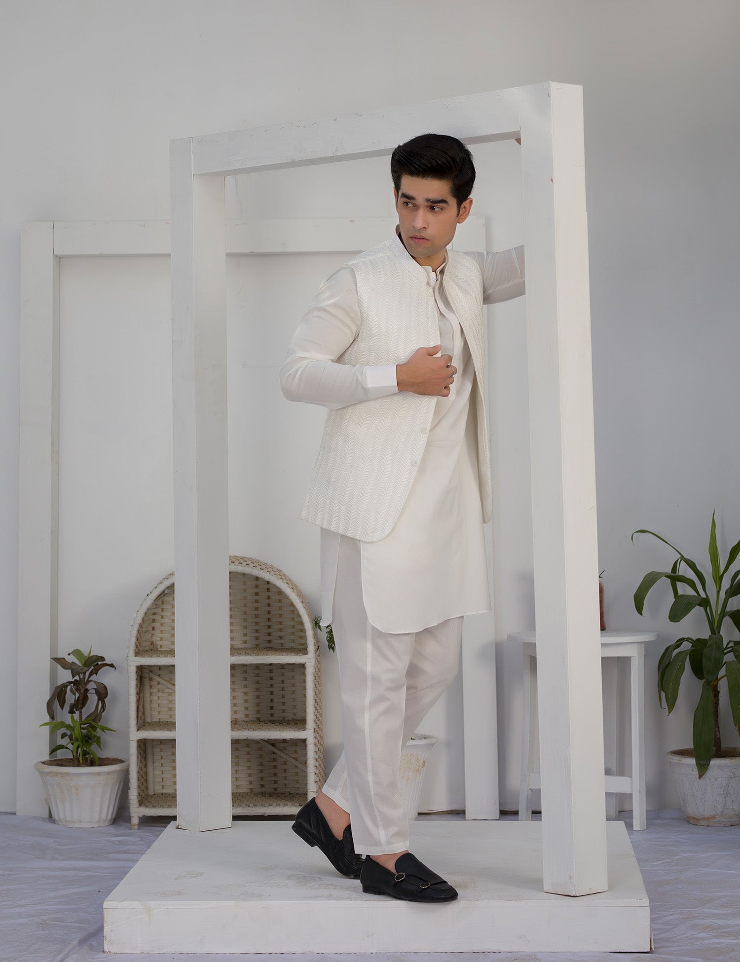 White Embroidered Cotton Waistcoat Kurta Set (3-Piece) - Image 8