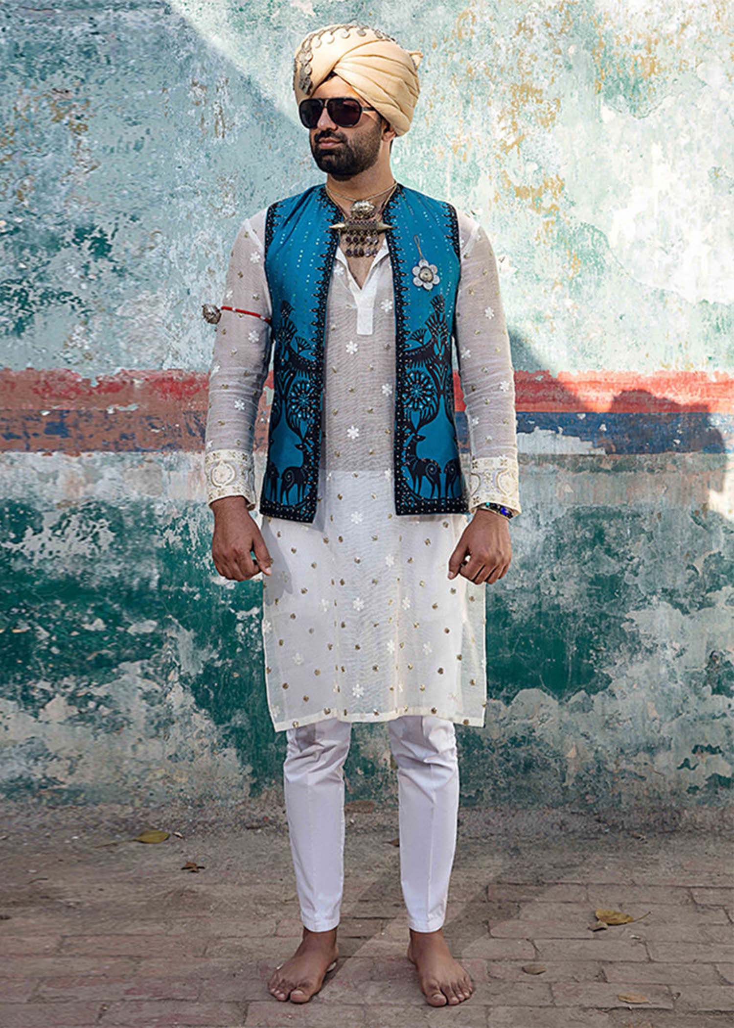 White Embroidered Cotton Net Waistcoat Kurta (3-Piece) - Image 1