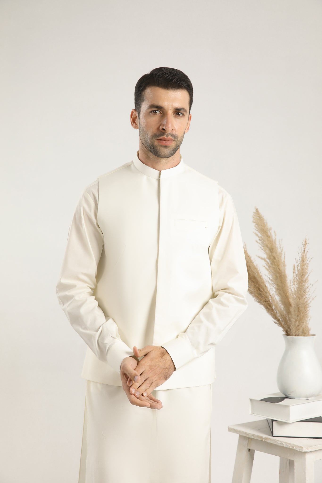 White Cotton Waistcoat Kurta Set (2-Piece) - Image 3