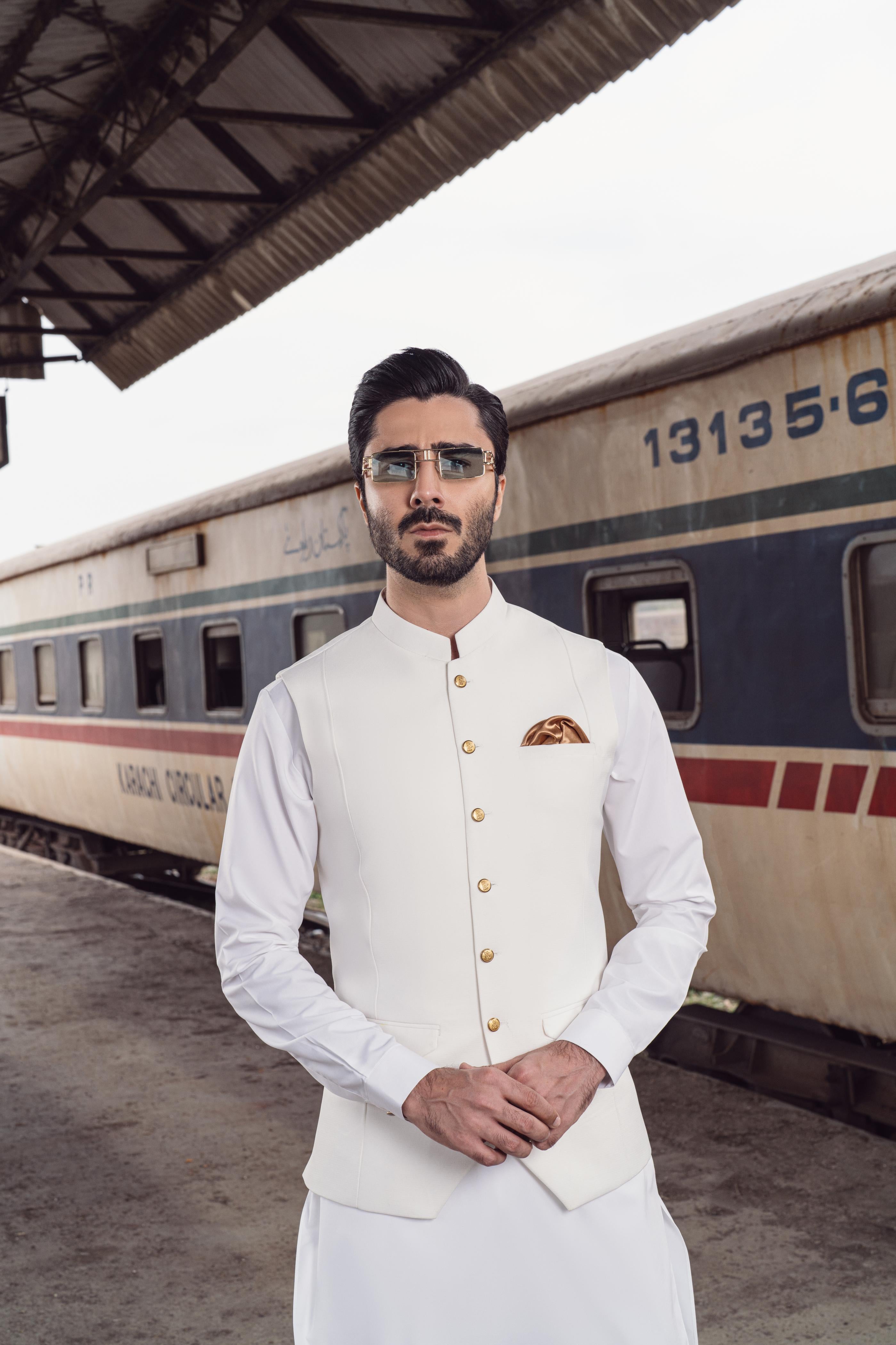 White Tailored Waistcoat Kurta Set (3-Piece) - Image 4