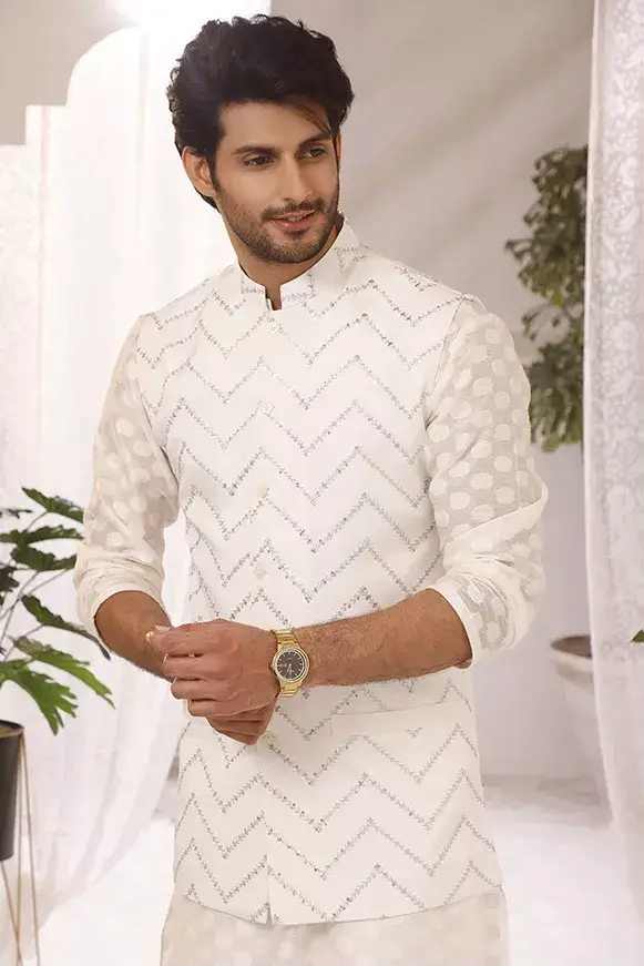 White Self-Embellished Cotton-Silk Waistcoat Kurta (3-Piece) - Image 1