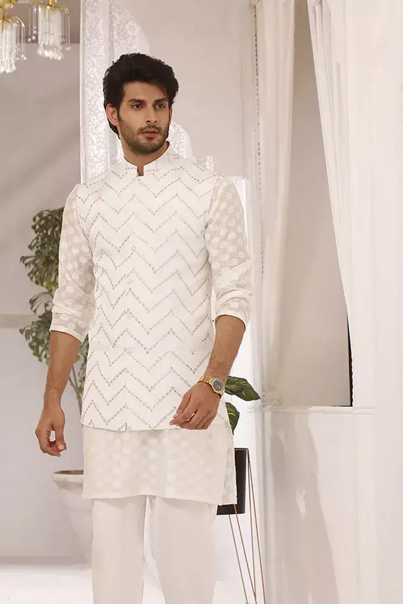 White Self-Embellished Cotton-Silk Waistcoat Kurta (3-Piece) - Image 2