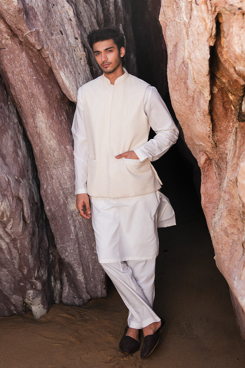 Pure White Chikankari Cotton-Silk Waistcoat Kurta (3-Piece) - Image 1