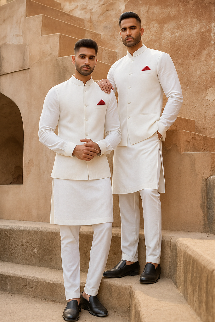 White Cotton Silk Waistcoat Kurta Set (3-Piece) - Image 1