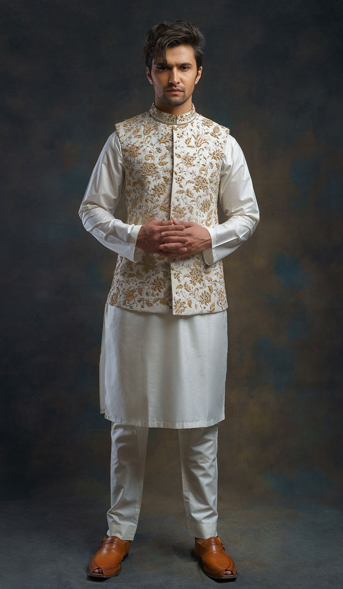 White Hand-Embroidered Cotton Silk Waistcoat Kurta (3-Piece) - Image 1