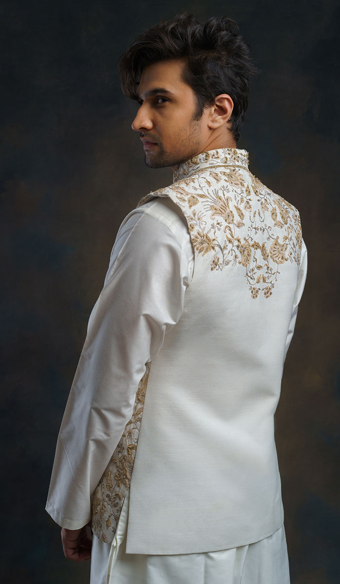 White Hand-Embroidered Cotton Silk Waistcoat Kurta (3-Piece) - Image 2