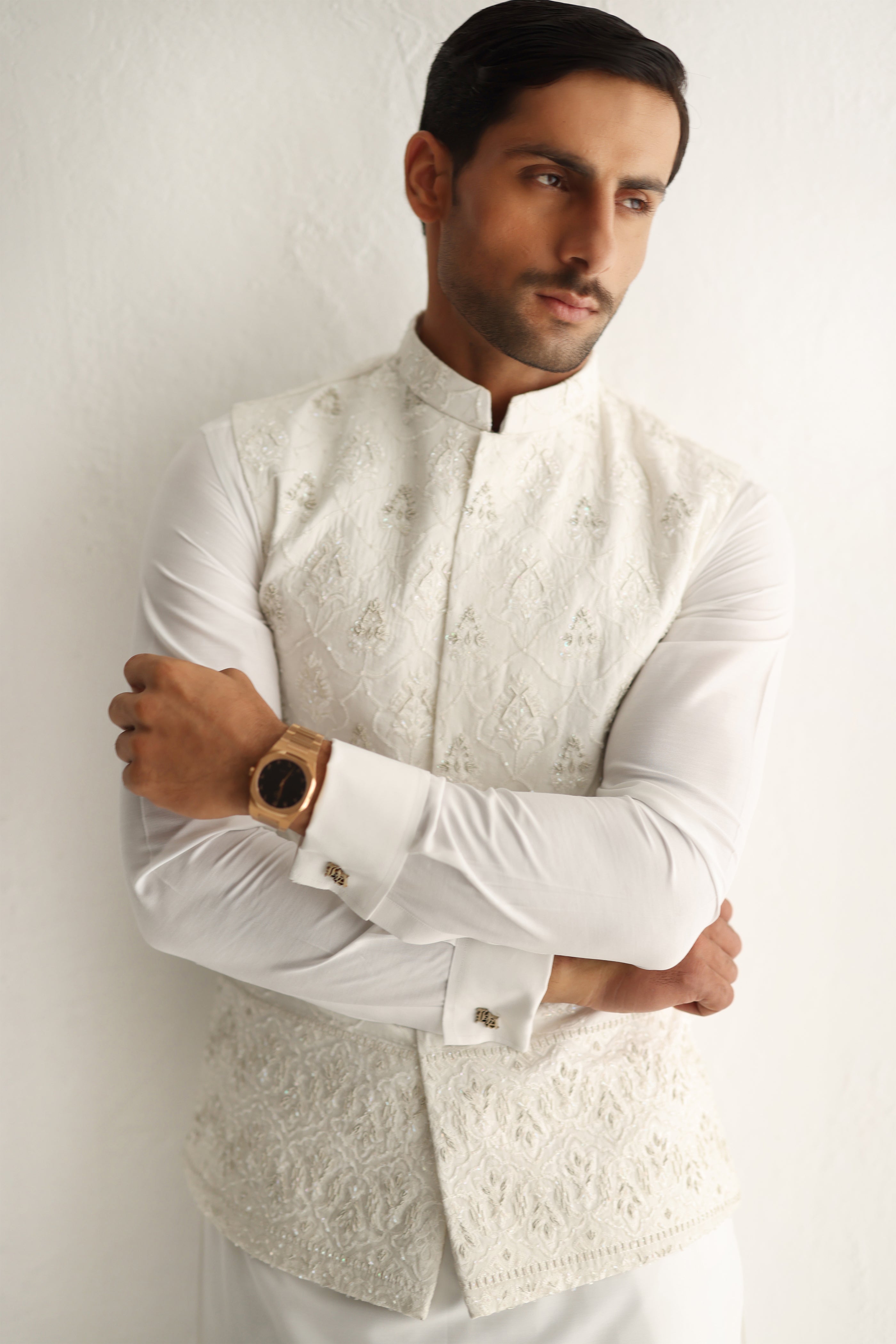 White Handworked Cotton Silk Waistcoat Kurta (3-Piece) - Image 7