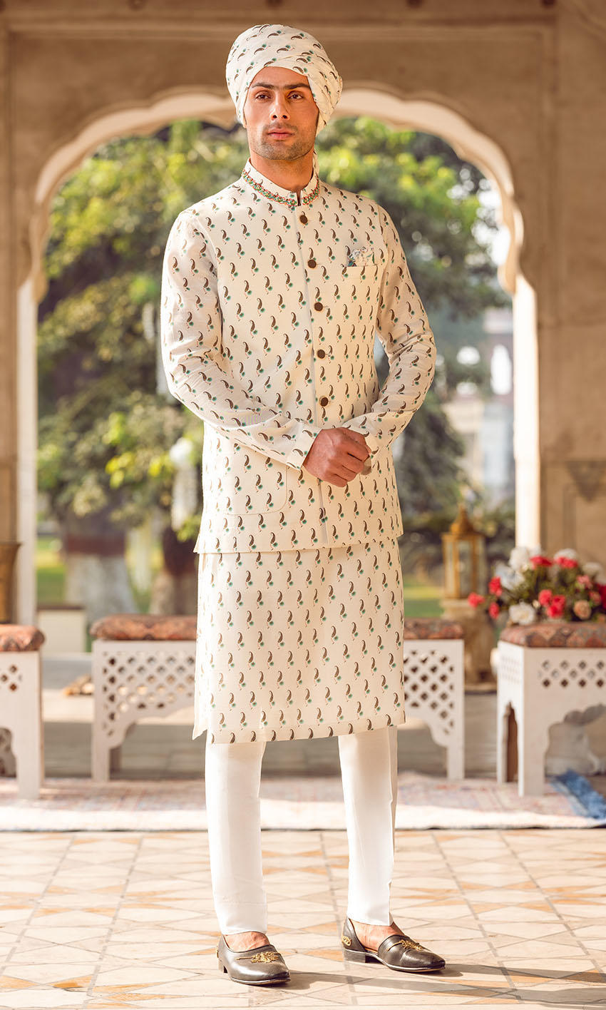 White Printed Cotton-Silk Waistcoat Kurta Set (3-Piece) - Image 1