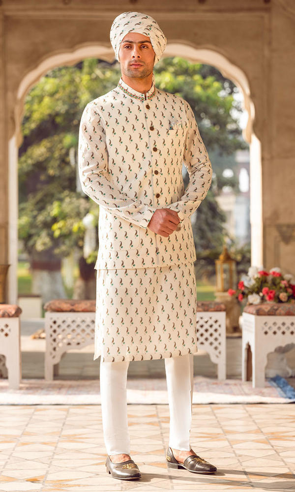 White Printed Cotton-Silk Waistcoat Kurta Set (3-Piece) - Image 2
