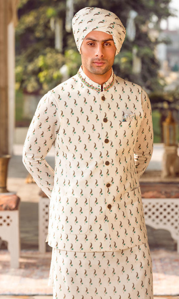 White Printed Cotton-Silk Waistcoat Kurta Set (3-Piece) - Image 3