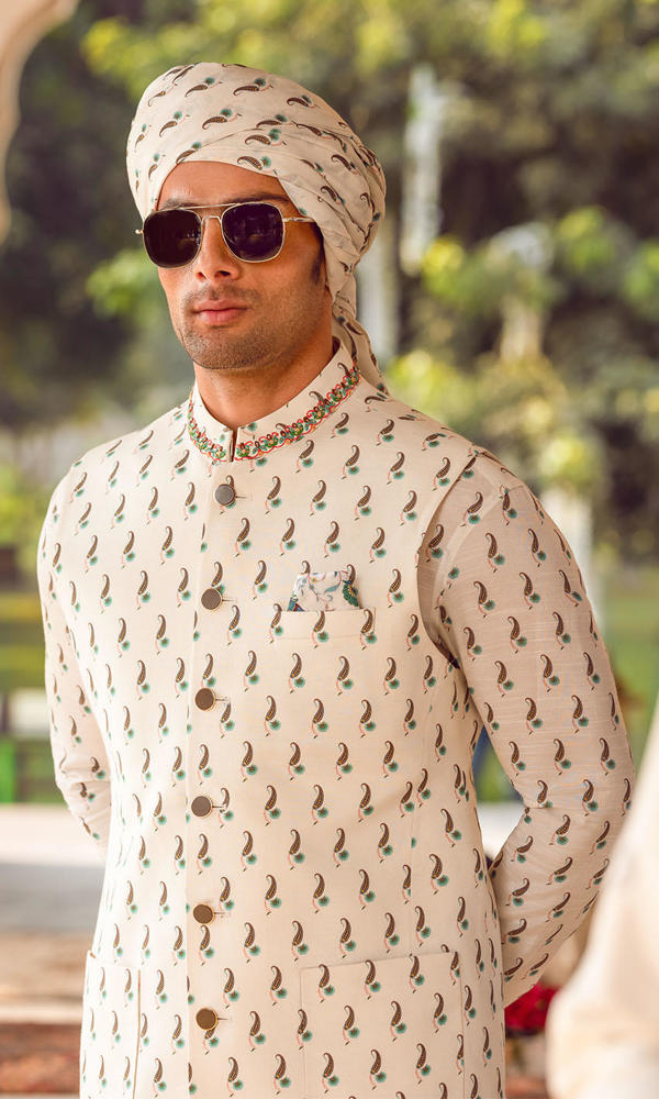 White Printed Cotton-Silk Waistcoat Kurta Set (3-Piece) - Image 5