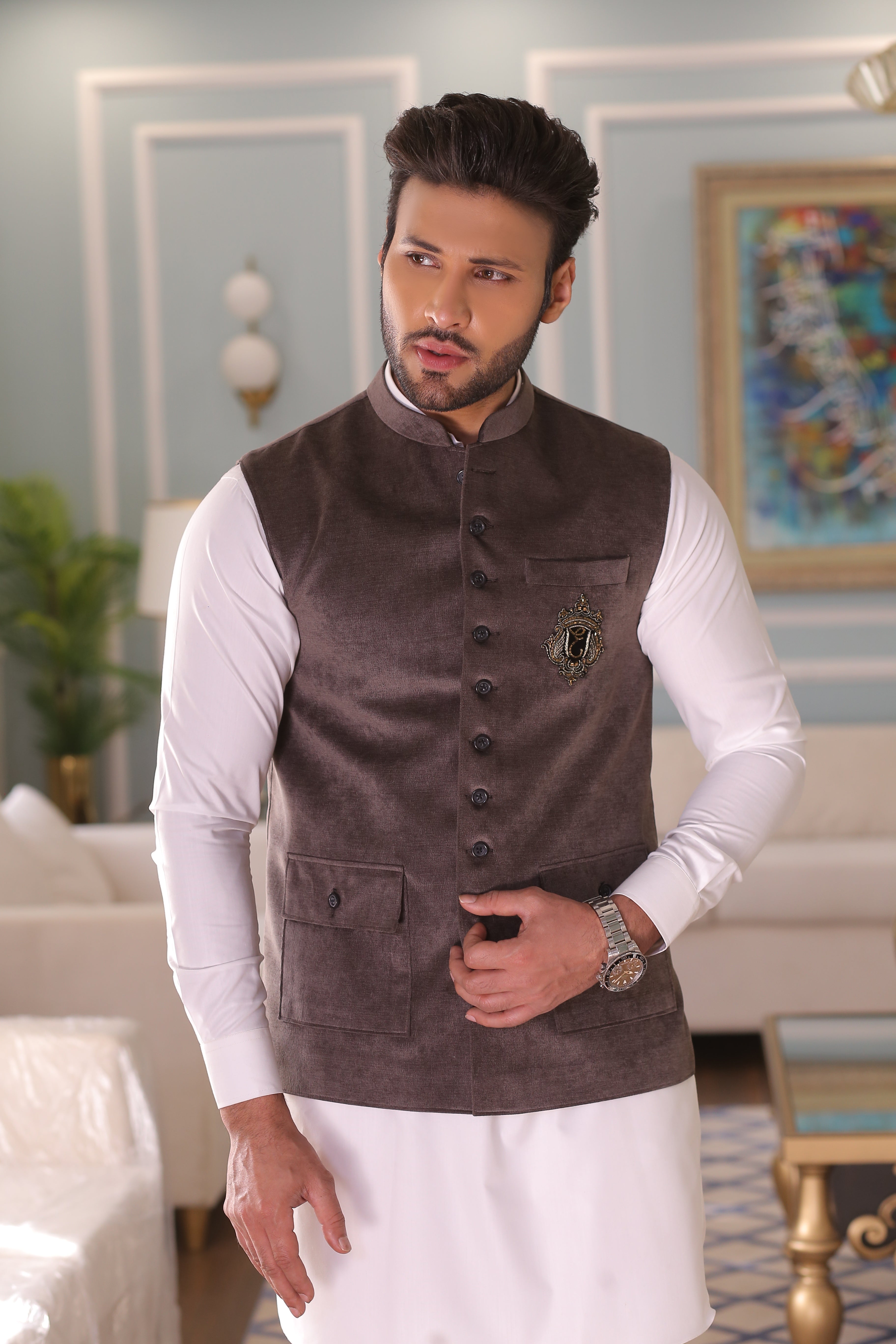 White Embroidered Cotton-Silk Waistcoat Kurta (3-Piece) - Image 2