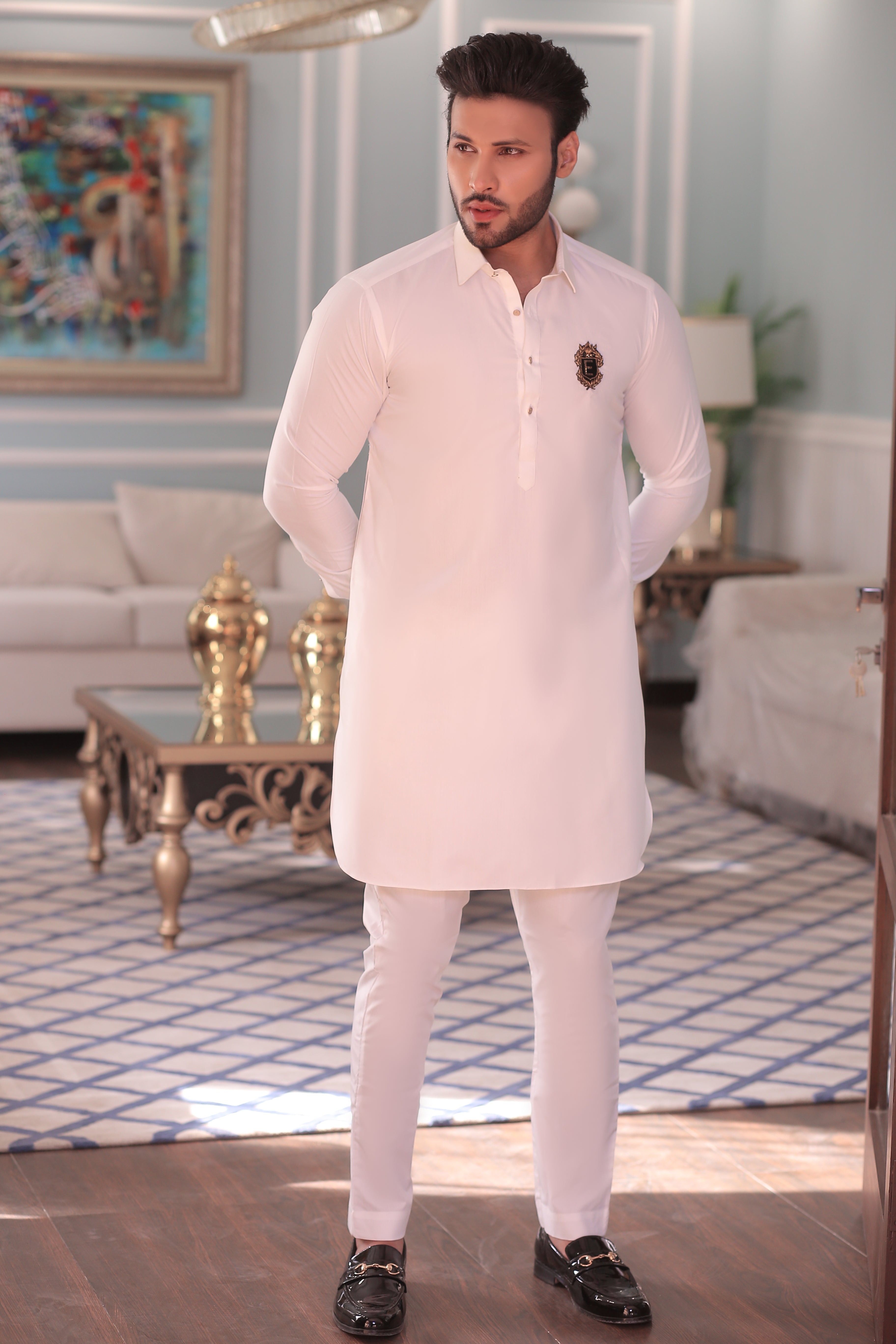 White Embroidered Cotton-Silk Waistcoat Kurta (3-Piece) - Image 4