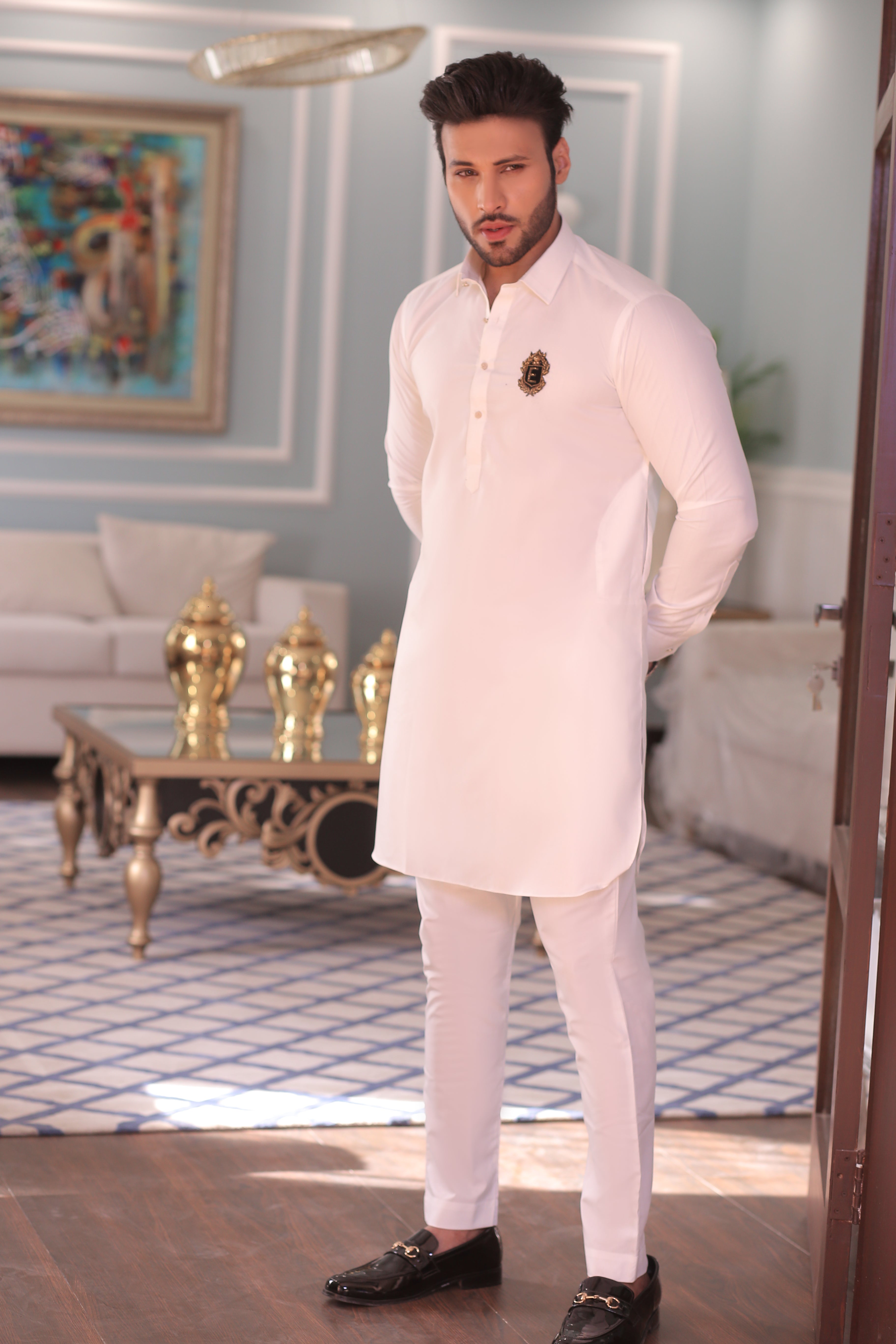 White Embroidered Cotton-Silk Waistcoat Kurta (3-Piece) - Image 5