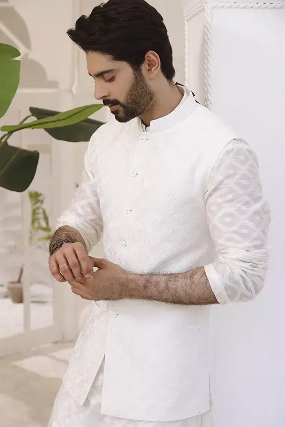White Self-Embellished Cotton-Silk Waistcoat Kurta (3-Piece) - Image 1