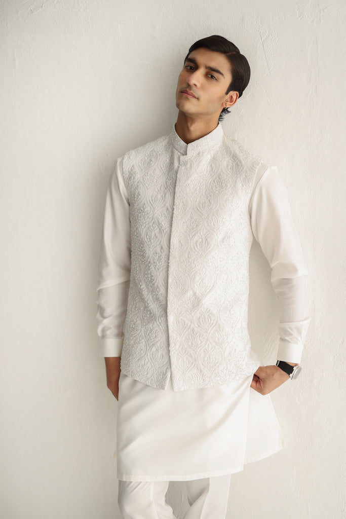 White Handworked Cotton Silk Waistcoat Kurta (3-Piece) - Image 1