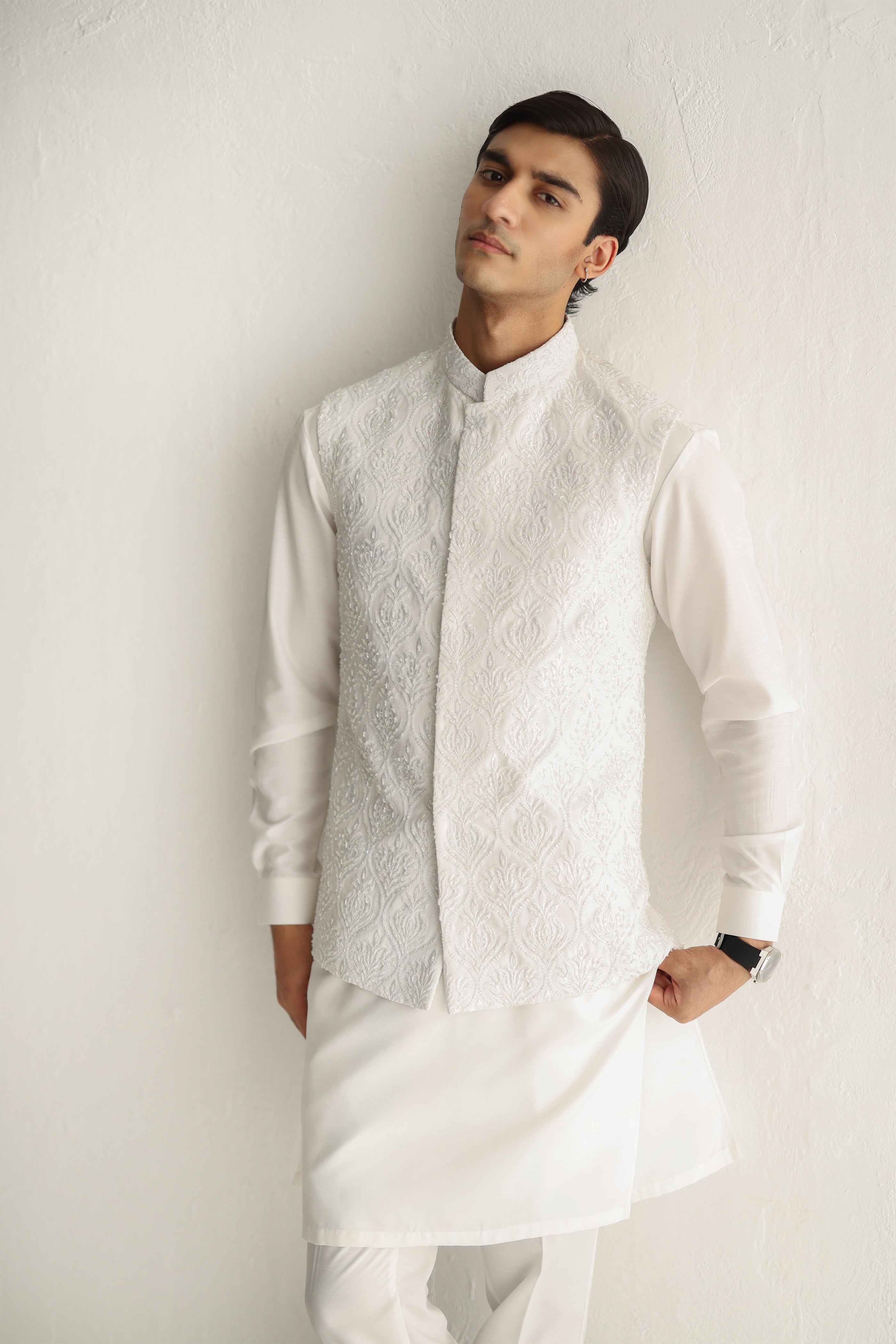 White Handworked Cotton Silk Waistcoat Kurta (3-Piece) - Image 2