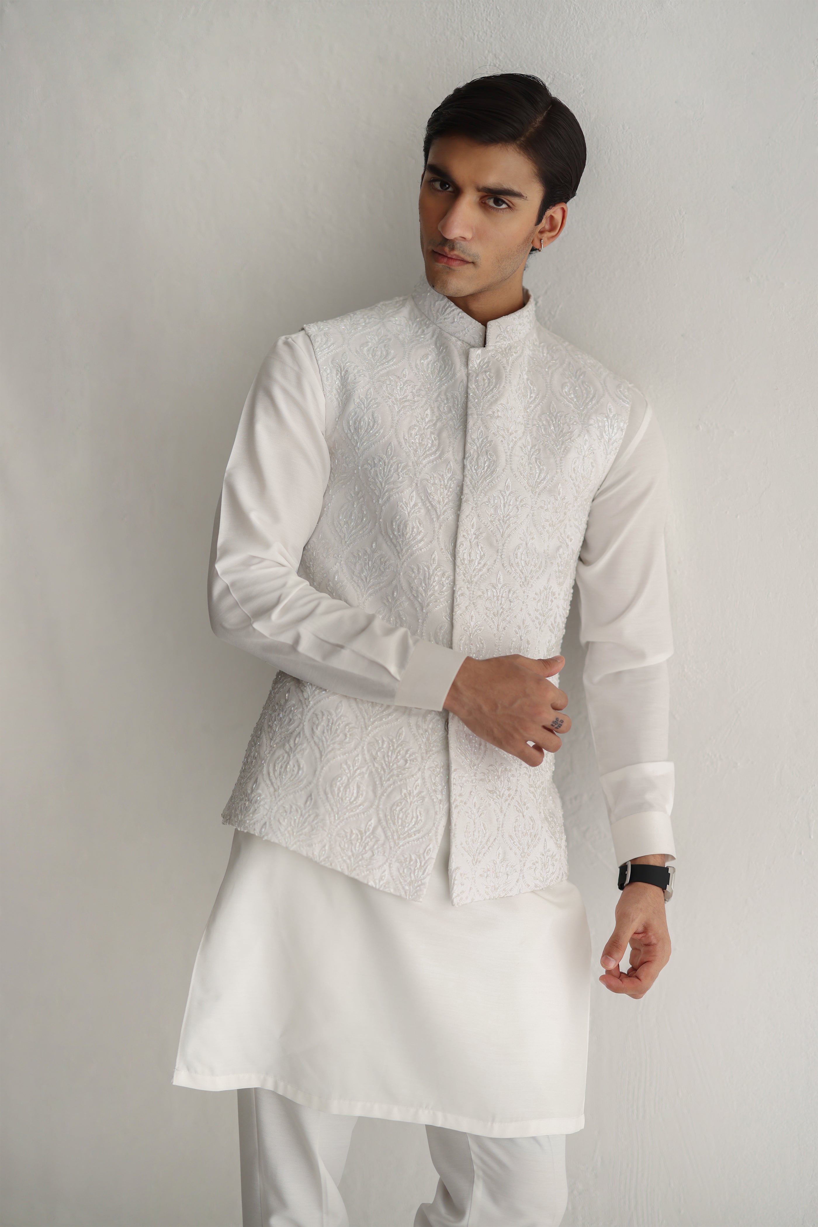 White Handworked Cotton Silk Waistcoat Kurta (3-Piece) - Image 5