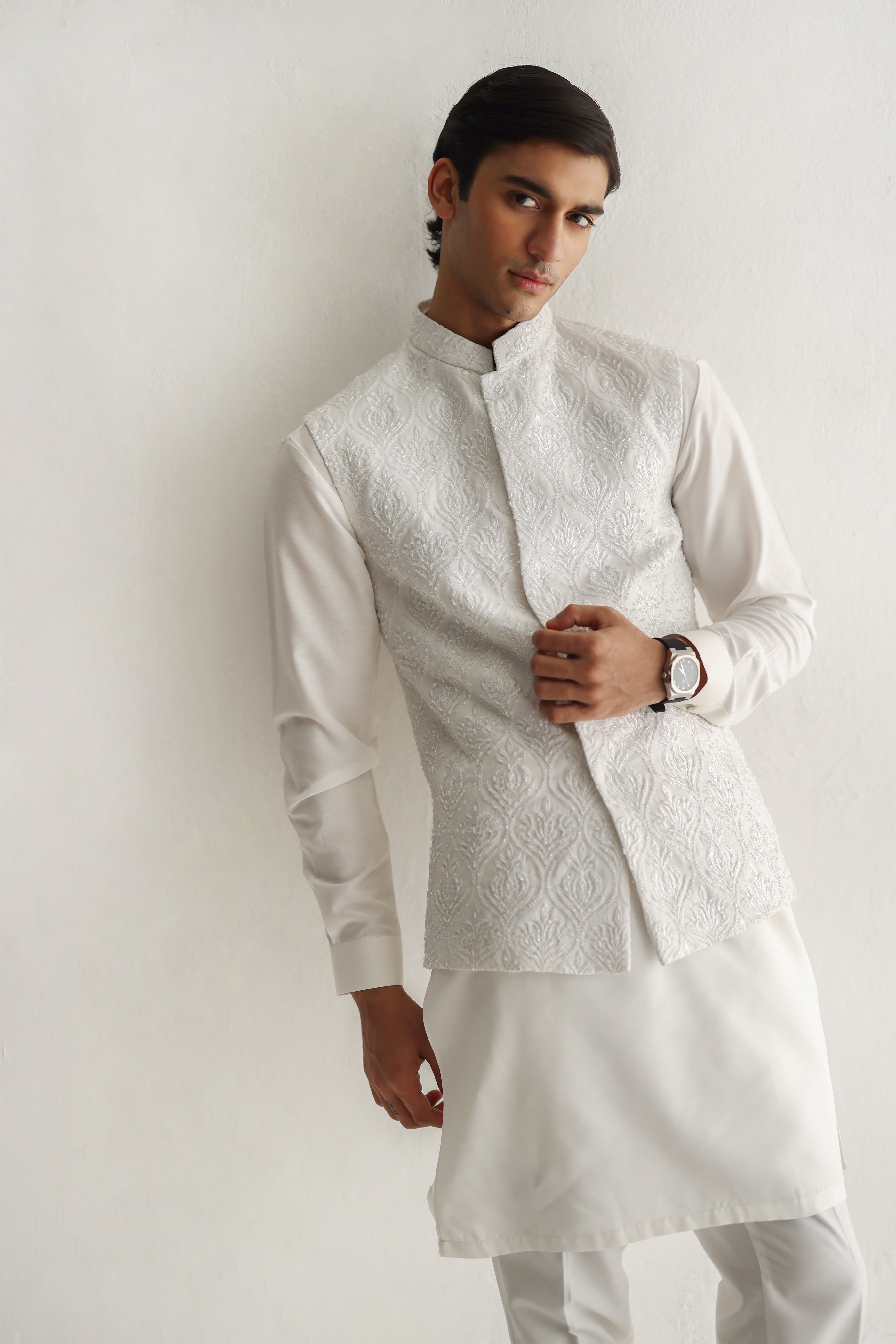 White Handworked Cotton Silk Waistcoat Kurta (3-Piece) - Image 6