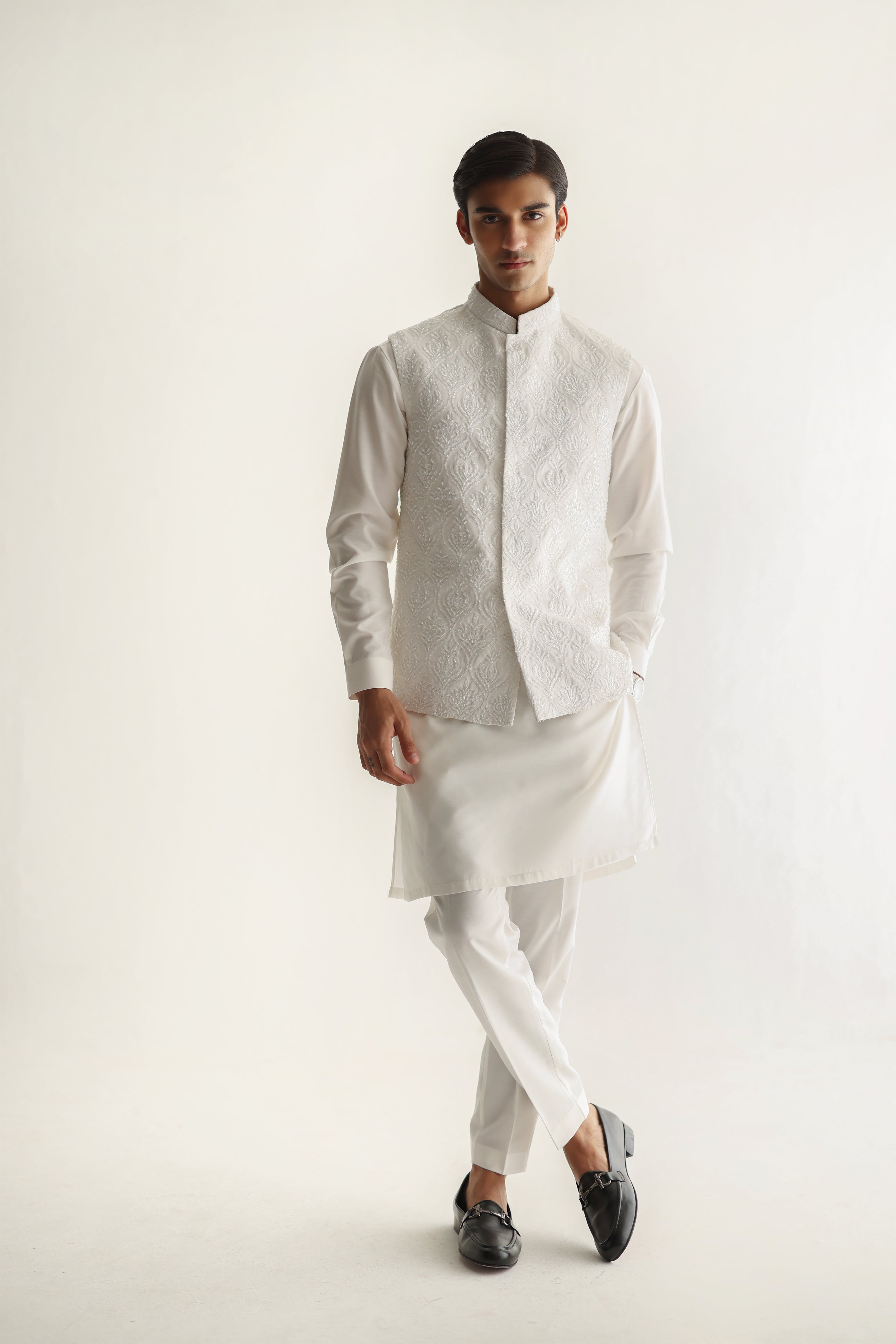 White Handworked Cotton Silk Waistcoat Kurta (3-Piece) - Image 7