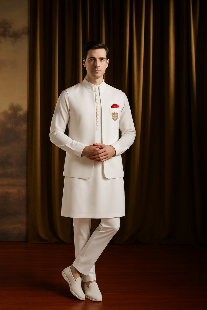 White Golden Embroidered Cotton-Silk Waistcoat Kurta (3-Piece) - Image 1